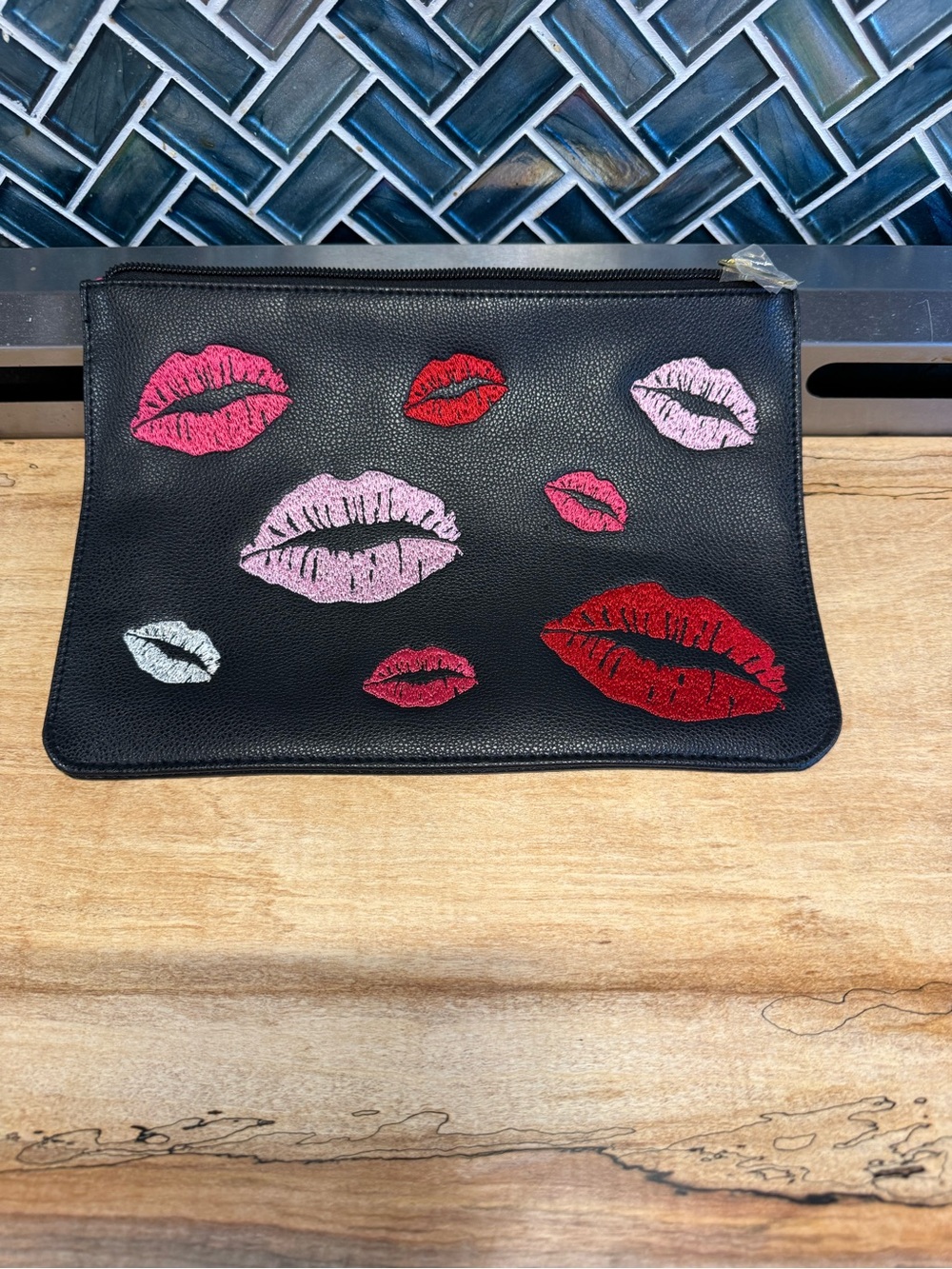 Black Leather Cosmetic Pouch with Red & Pink Lip Embroidery - Picture 1 of 5